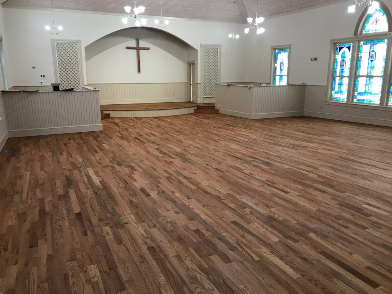 Interior of church with wooden floor